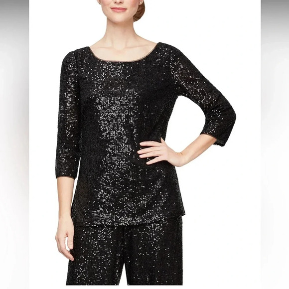 Alex Evenings 3/4 Sleeve Sequin Tunic Blouse with Side Slit Detail wedding - Picture 1 of 8